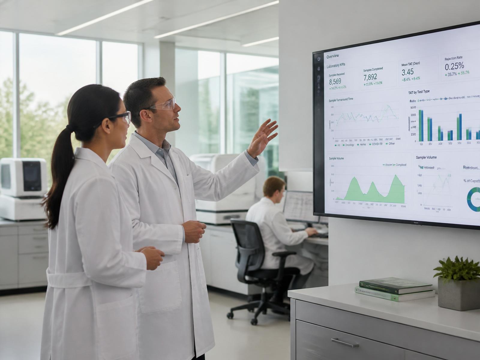 Laboratory scientists reviewing enterprise analytics dashboards
