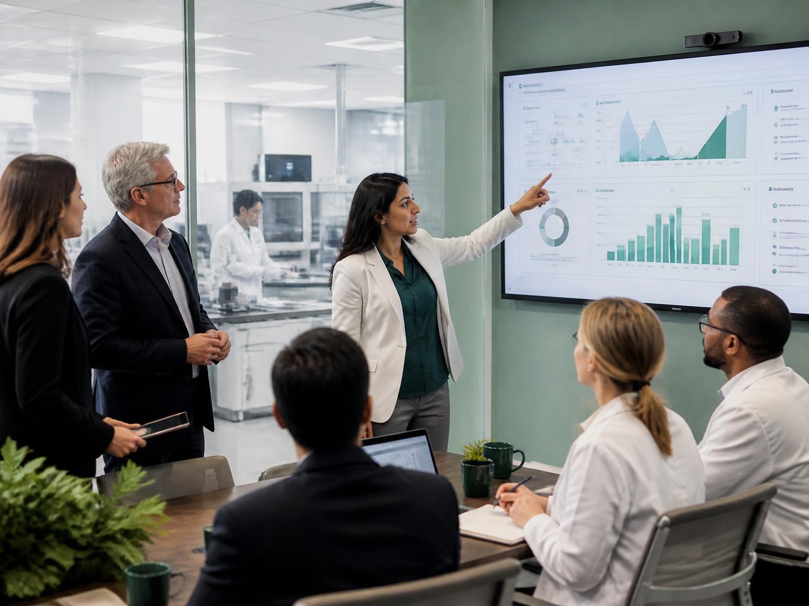 Laboratory leaders reviewing operational success metrics together